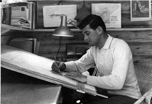 Charles Paterson at his drafting board, Aspen, 1965 Photo: Ferenc Berko, 1965, War, Wright and Gemutlichkeit