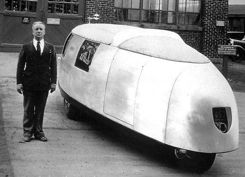 Fuller with Dymaxion Car #1 Photo: Courtesy of the author, Authors on Architecture: Nevala-Lee on Buckminster Fuller